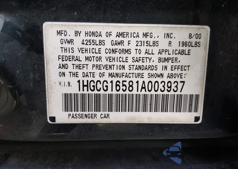 2001 Honda Accord 3.0 Ex из США, поврежденный, VIN 1HGCG16581A003937